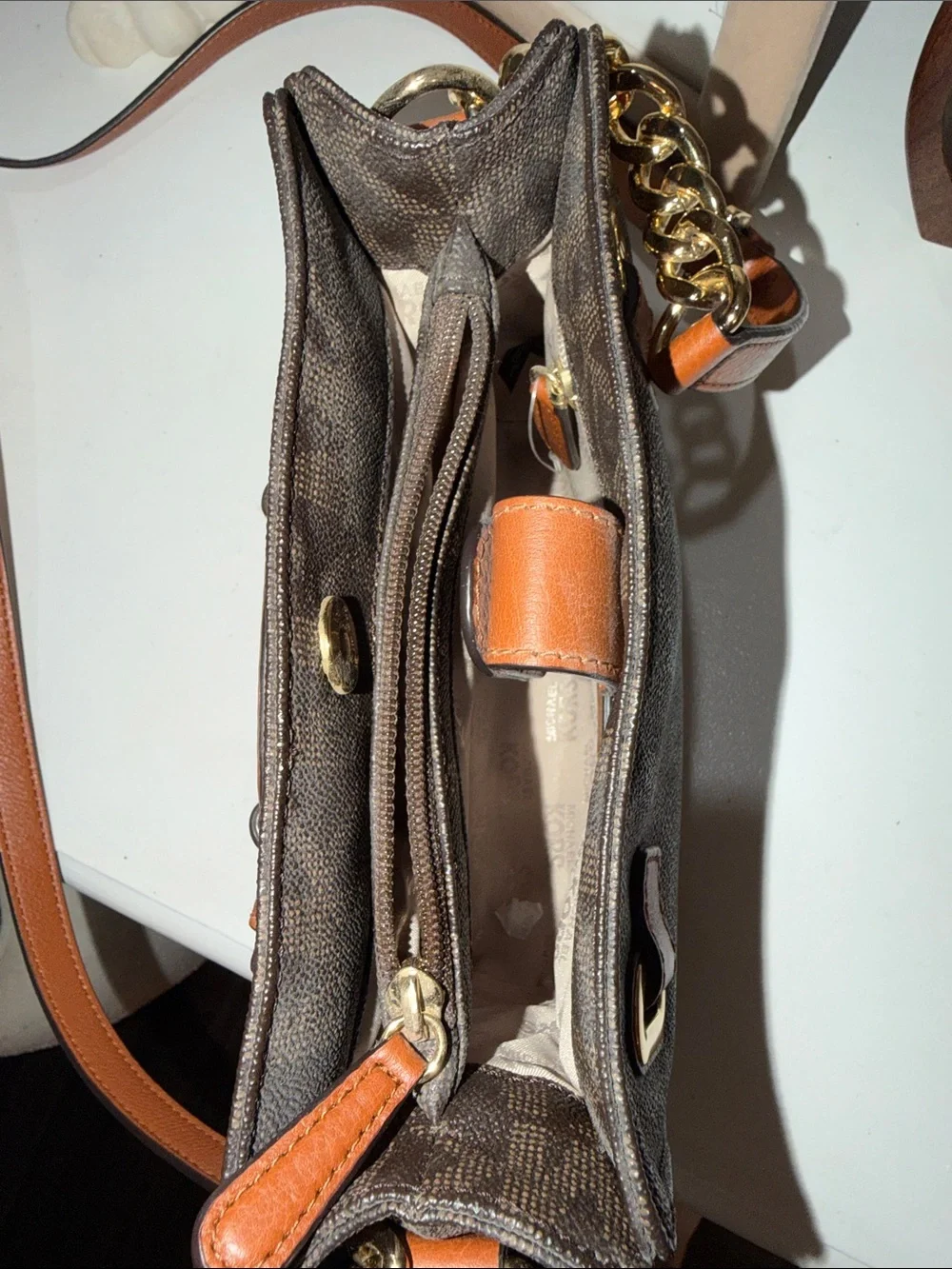 Michael Kors Brown MK Monogram Crossbody with Tan Strap and Gold Hardware